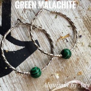 Alquimia Elegant Green Malachite silver hoop Earrings